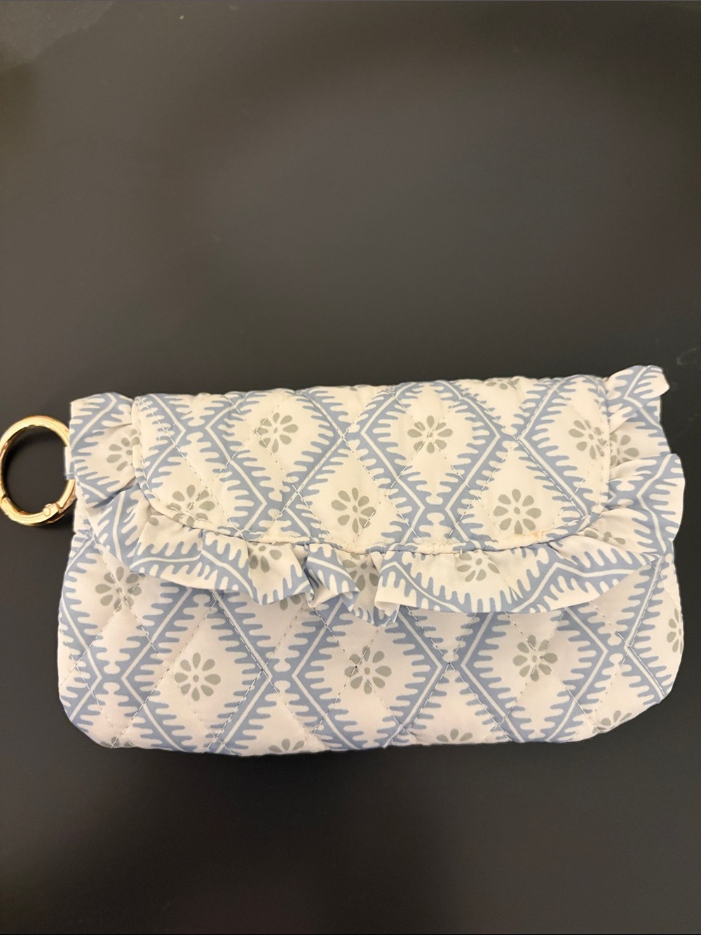 Light Blue and White Patterned Ruffle Wristlet Clutch